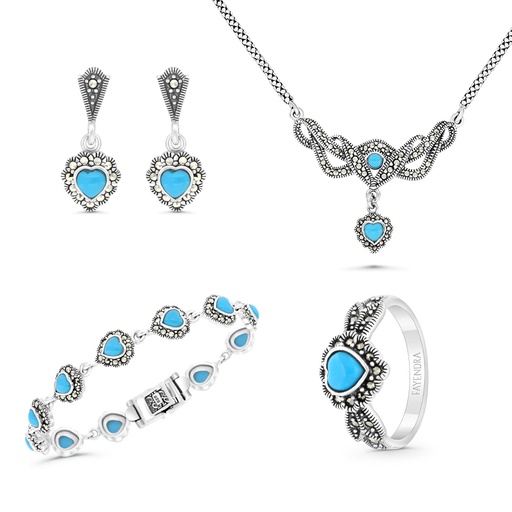 Sterling Silver 925 Set Embedded With Natural Processed Turquoise And Marcasite Stones