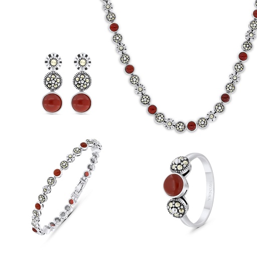 Sterling Silver 925 Set Embedded With Natural Aqiq And Marcasite Stones