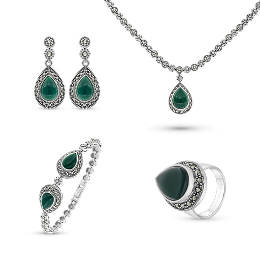 Sterling Silver 925 Set Embedded With Natural Green Agate And Marcasite Stones