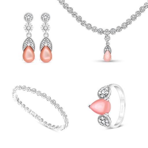 Sterling Silver 925 Set Embedded With Natural Pink Shell And Marcasite Stones