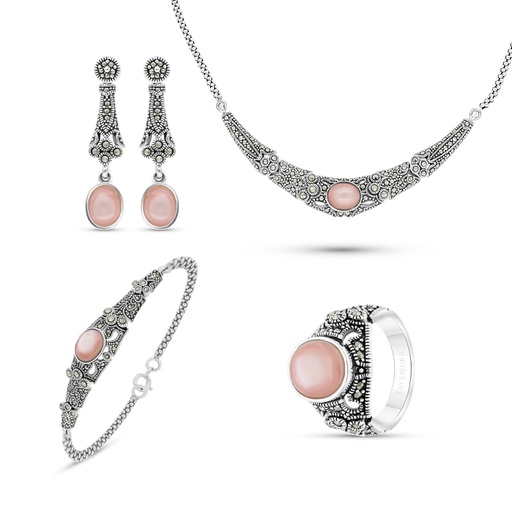 Sterling Silver 925 Set Embedded With Natural Pink Shell And Marcasite Stones