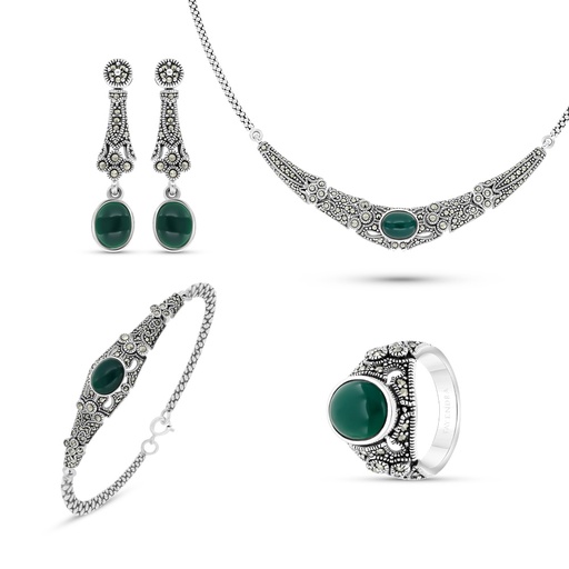 Sterling Silver 925 Set Embedded With Natural Green Agate And Marcasite Stones