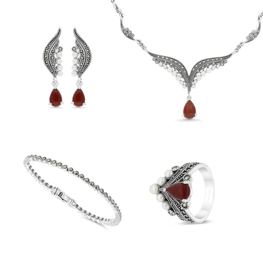 Sterling Silver 925 Set Embedded With Natural Aqiq And White Shell Pearl And Marcasite Stones