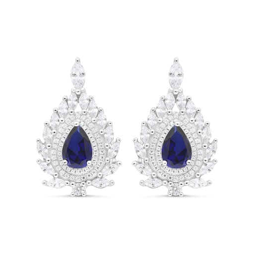 [EAR01SAP00WCZC085] Sterling Silver 925 Earring Rhodium Plated Embedded With Sapphire Corundum And White CZ