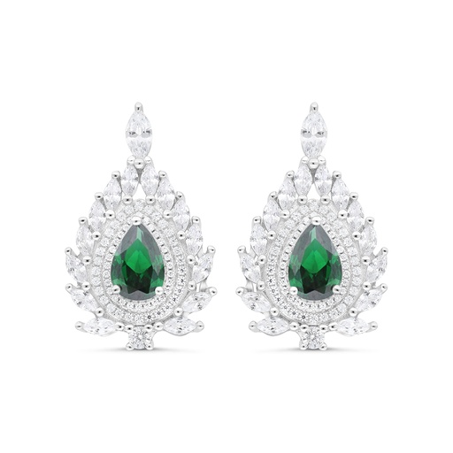 [EAR01EMR00WCZC085] Sterling Silver 925 Earring Rhodium Plated Embedded With Emerald Zircon And White CZ
