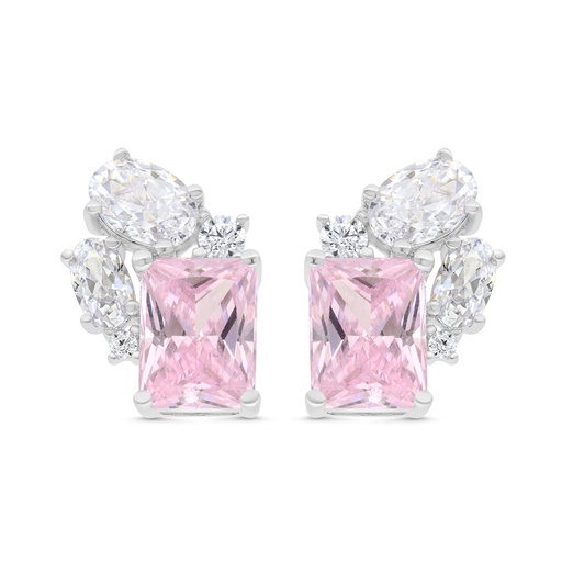 [EAR01PIK00WCZC086] Sterling Silver 925 Earring Rhodium Plated Embedded With Pink Zircon And White CZ