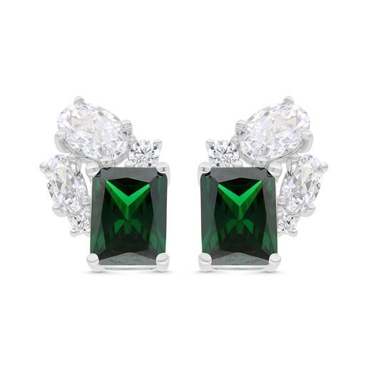 [EAR01EMR00WCZC086] Sterling Silver 925 Earring Rhodium Plated Embedded With Emerald Zircon And White CZ