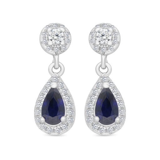 [EAR01SAP00WCZC122] Sterling Silver 925 Earring Rhodium Plated Embedded With Sapphire Corundum And White CZ