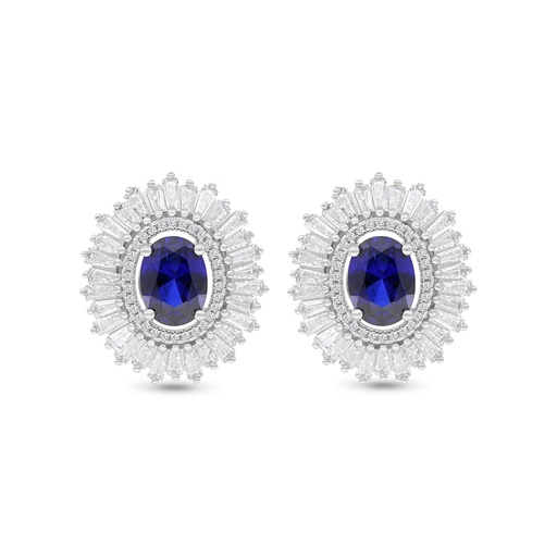 [EAR01SAP00WCZC124] Sterling Silver 925 Earring Rhodium Plated Embedded With Sapphire Corundum And White CZ