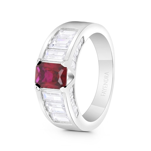 Sterling Silver 925 Ring Rhodium Plated Embedded With Ruby Corundum And White CZ