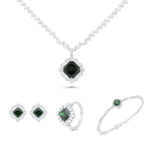 Sterling Silver 925 SET Rhodium Plated Embedded With Emerald Zircon And White CZ