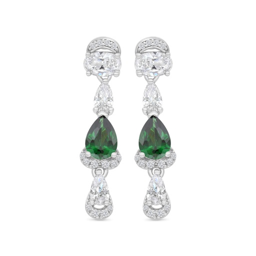 [EAR01EMR00WCZC169] Sterling Silver 925 Earring Rhodium Plated Embedded With Emerald Zircon And White CZ