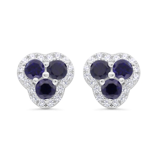 [EAR01SAP00WCZC176] Sterling Silver 925 Earring Rhodium Plated Embedded With Sapphire Corundum And White CZ