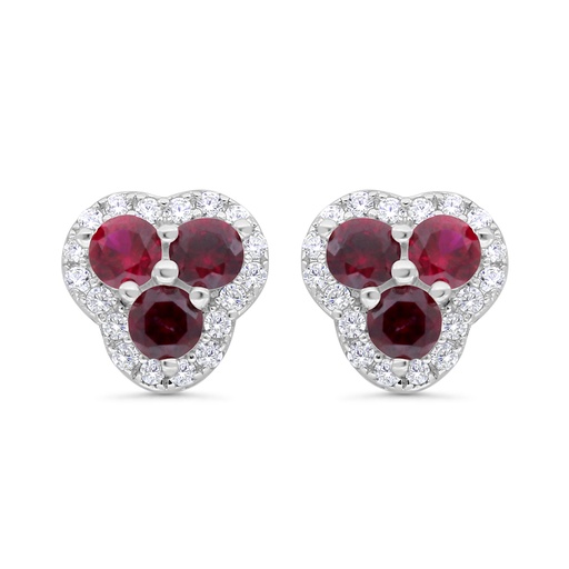 [EAR01RUB00WCZC176] Sterling Silver 925 Earring Rhodium Plated Embedded With Ruby Corundum And White CZ