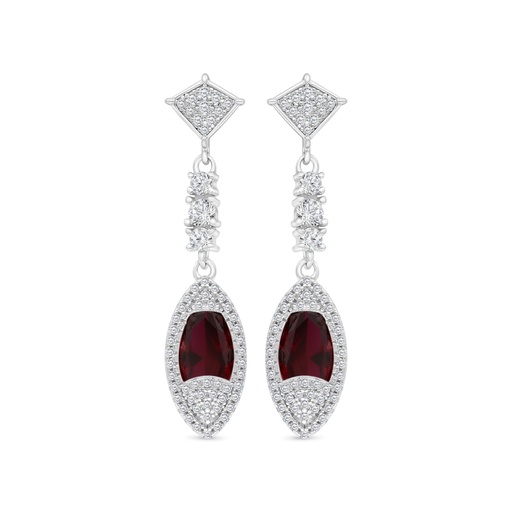 [EAR01RUB00WCZC177] Sterling Silver 925 Earring Rhodium Plated Embedded With Ruby Corundum And White CZ