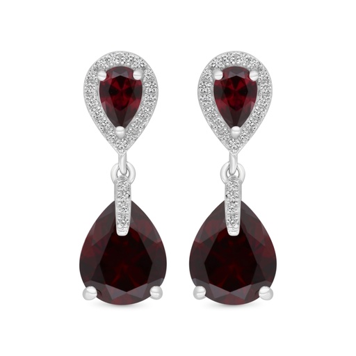 [EAR01RUB00WCZC180] Sterling Silver 925 Earring Rhodium Plated Embedded With Ruby Corundum And White CZ