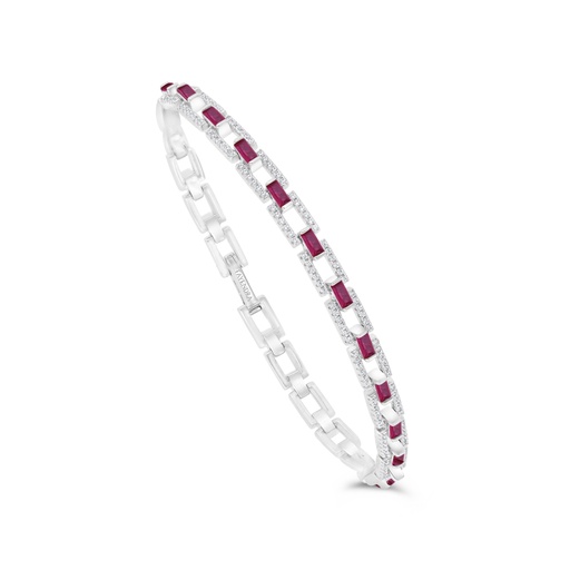 [BRC01RUB19WCZB091] Sterling Silver 925 Bracelet Rhodium Plated Embedded With Ruby Corundum And White CZ 19 CM