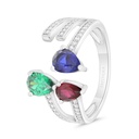 Sterling Silver 925 Ring Rhodium Plated Embedded With Sapphire Corundum , Ruby Corundum , Emerald Zircon And White CZ