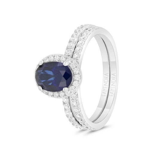 Sterling Silver 925 Ring (Twins) Rhodium Plated Embedded With Sapphire CorundumAnd White CZ