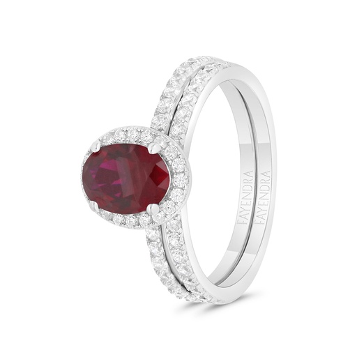 Sterling Silver 925 Ring (Twins) Rhodium Plated Embedded With Ruby Corundum And White CZ