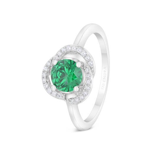 Sterling Silver 925 Ring Rhodium Plated Embedded With Emerald Zircon And White CZ