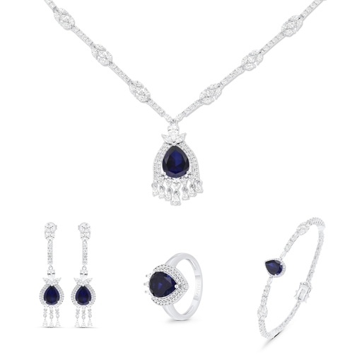 Sterling Silver 925 SET Rhodium Plated Embedded With Sapphire CorundumAnd White CZ