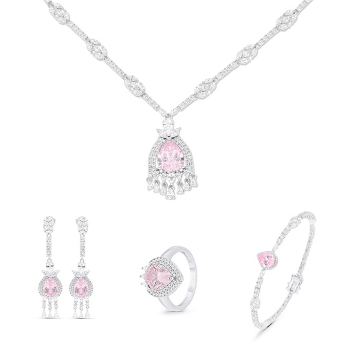 Sterling Silver 925 SET Rhodium Plated Embedded With pink  Zircon And White CZ