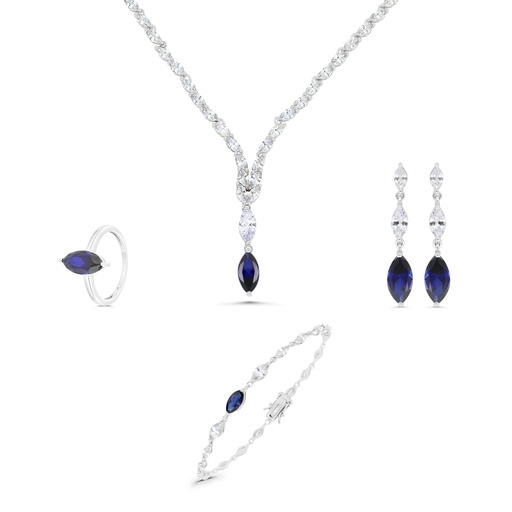 Sterling Silver 925 SET Rhodium Plated Embedded With Sapphire CorundumAnd White CZ