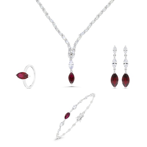 Sterling Silver 925 SET Rhodium Plated Embedded With Ruby Corundum And White CZ