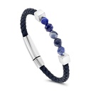 Stainless Steel Bracelet, Rhodium Plated Embedded With Blue Tiger Eye And Blue Leather For Men 316L