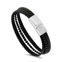 Stainless Steel Bracelet, Rhodium Plated Embedded With Black AgateAnd Black Leather For Men 316L