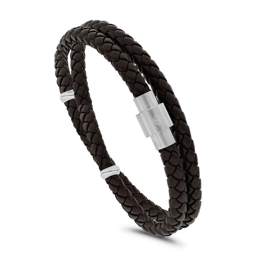 [BRC0900000000A138] Stainless Steel Bracelet, Rhodium Plated Embedded With Brown Leather For Men 316L
