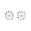 Sterling Silver 925 Earring Rhodium Plated Embedded With Natural White Pearl And White Zircon