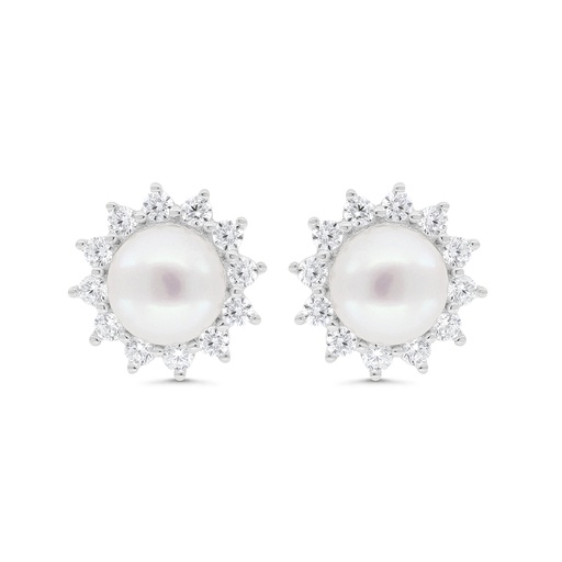 [EAR01FPR00WCZC298] Sterling Silver 925 Earring Rhodium Plated Embedded With Natural White Pearl And White Zircon