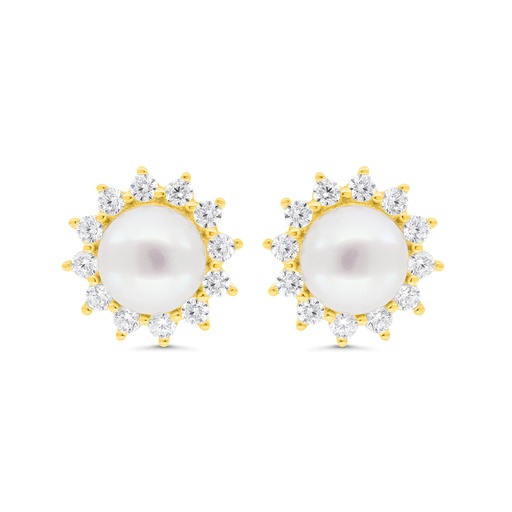 [EAR02FPR00WCZC298] Sterling Silver 925 Earring Gold Plated Embedded With Natural White Pearl And  White Zircon