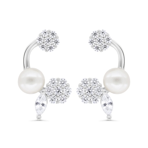 [EAR01FPR00WCZC301] Sterling Silver 925 Earring Rhodium Plated Embedded With Natural White Pearl And White Zircon