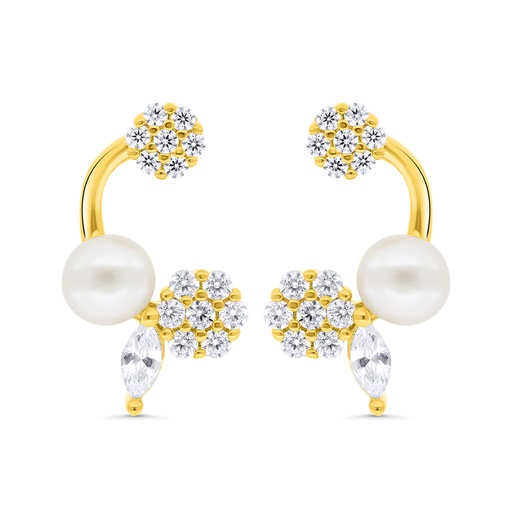 [EAR02FPR00WCZC301] Sterling Silver 925 Earring Gold Plated Embedded With Natural White Pearl And  White Zircon