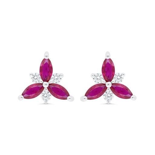 [EAR01RUB00WCZB879] Sterling Silver 925 Earring Rhodium Plated Embedded With Ruby Corundum And White Zircon