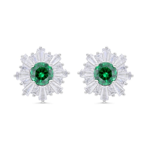 [EAR01EMR00WCZC324] Sterling Silver 925 Earring Rhodium Plated Embedded With Emerald Zircon And White Zircon