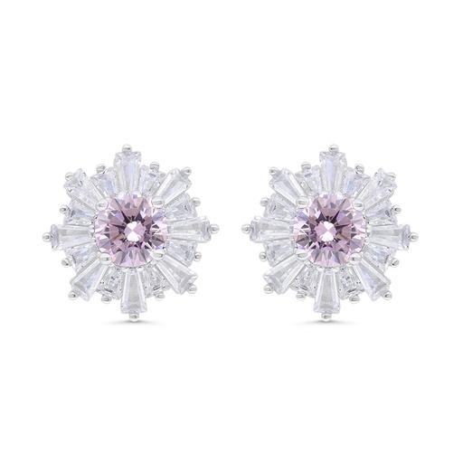 [EAR01PIK00WCZC324] Sterling Silver 925 Earring Rhodium Plated Embedded With Pink Zircon And White Zircon