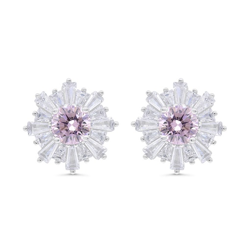 [EAR01PIK00WCZC324] Sterling Silver 925 Earring Rhodium Plated Embedded With Pink Zircon And White Zircon