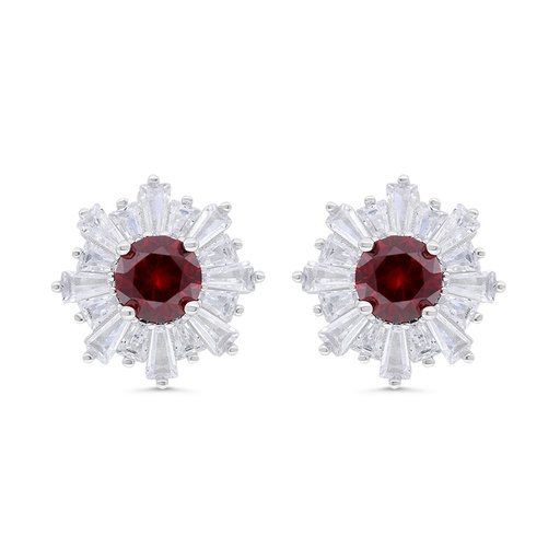 [EAR01RUB00WCZC324] Sterling Silver 925 Earring  Rhodium Plated Embedded With Ruby Corundum And White Zircon