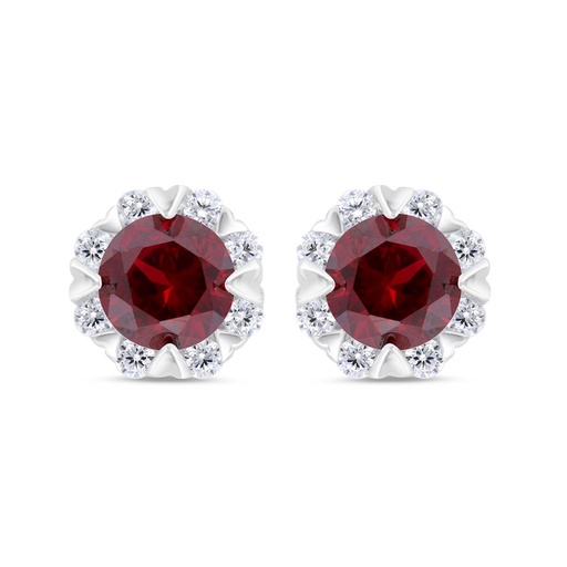 [EAR01RUB00WCZC321] Sterling Silver 925 Earring  Rhodium Plated Embedded With Ruby Corundum And White Zircon