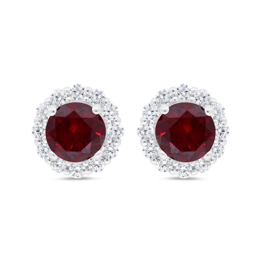 [EAR01RUB00WCZC315] Sterling Silver 925 Earring  Rhodium Plated Embedded With Ruby Corundum And White Zircon