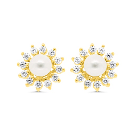 [EAR02FPR00WCZC299] Sterling Silver 925 Earring Gold Plated Embedded With Natural White Pearl And  White Zircon
