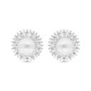 Sterling Silver 925 Earring Rhodium Plated Embedded With Natural White Pearl And White Zircon