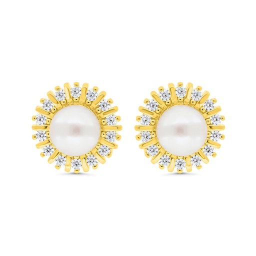 [EAR02FPR00WCZC294] Sterling Silver 925 Earring Gold Plated Embedded With Natural White Pearl And  White Zircon