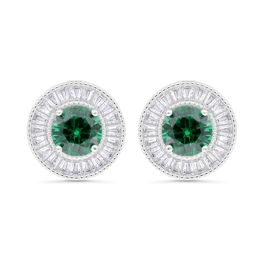 [EAR01EMR00WCZC325] Sterling Silver 925 Earring Rhodium Plated Embedded With Emerald Zircon And White Zircon