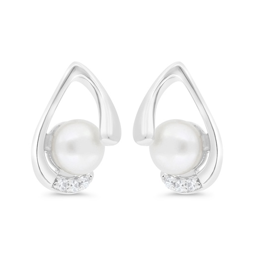 [EAR01FPR00WCZC300] Sterling Silver 925 Earring Rhodium Plated Embedded With Natural White Pearl And White Zircon