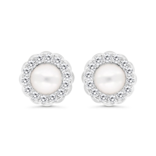 [EAR01FPR00WCZC304] Sterling Silver 925 Earring Rhodium Plated Embedded With Natural White Pearl And  White Zircon 